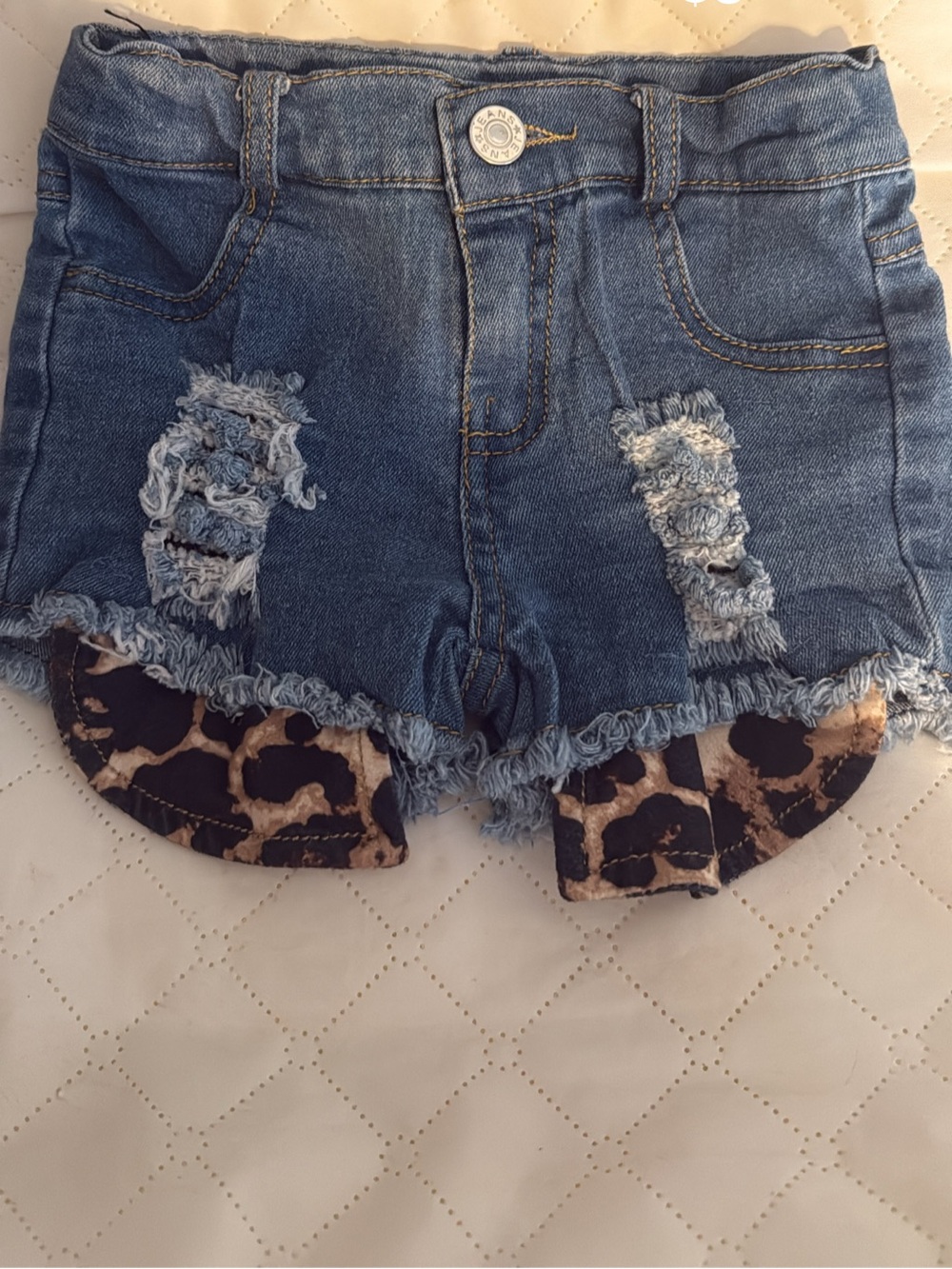 Denim Distressed Girls' Shorts with Leopard Liner - Blue